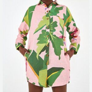 FARM Rio Size Small Linen Pink & Green Tropical Leaf Print Romper